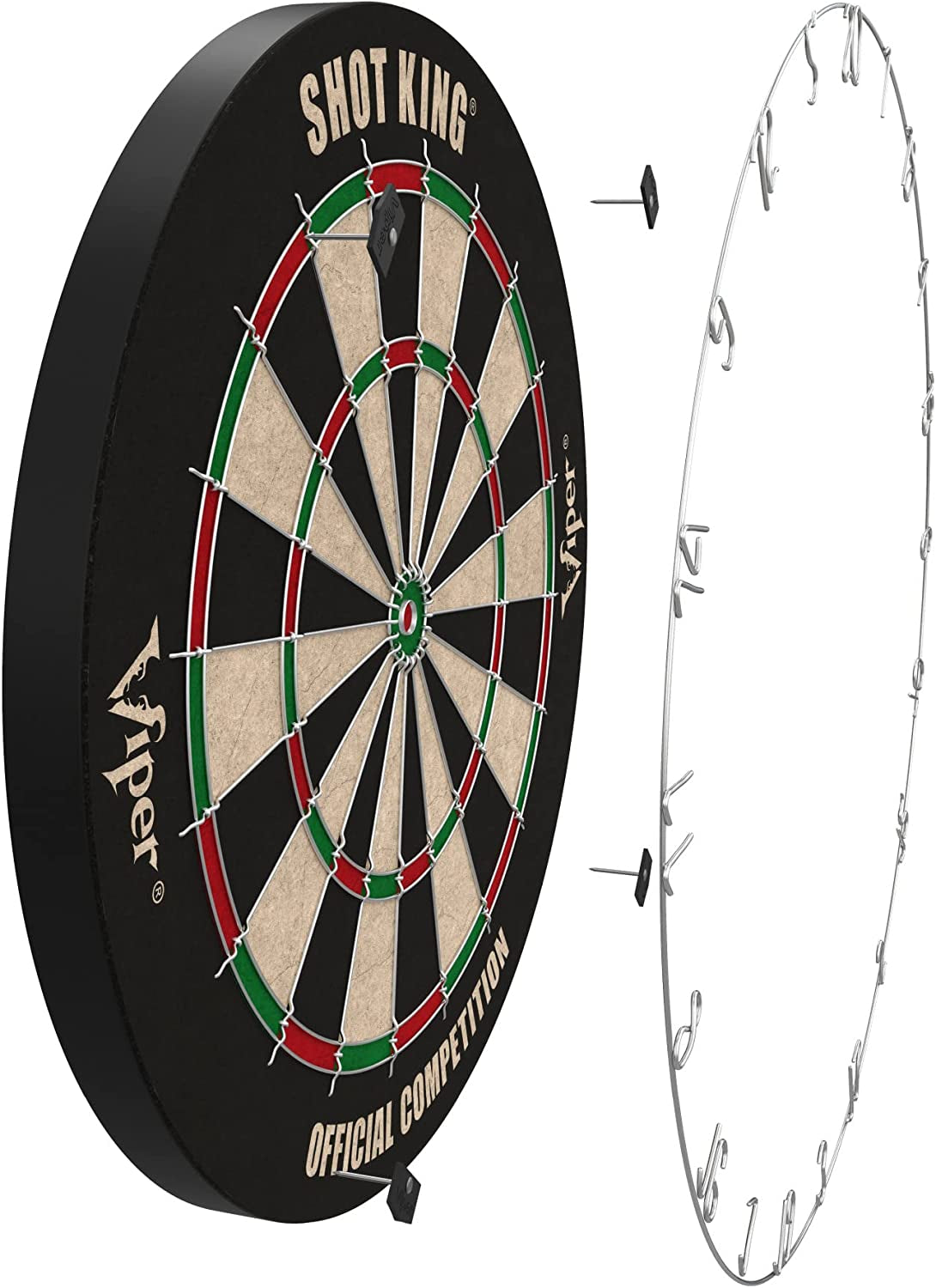 Shot King Regulation Bristle Steel Tip Dartboard Set with Staple-Free Bullseye, Galvanized Metal Radial Spider Wire Includes 6 Darts, Black, 17.75 Inch