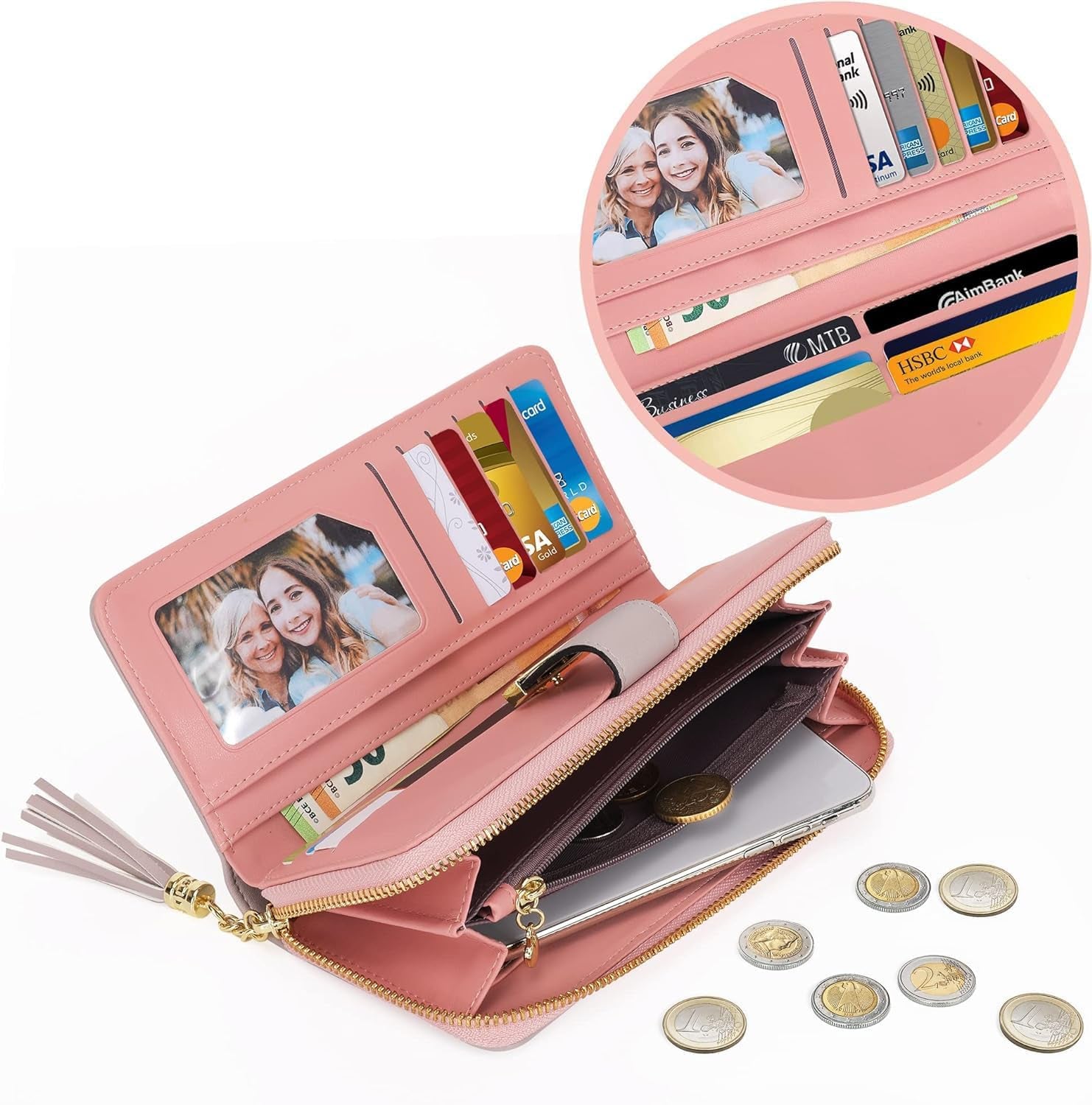 Womens Wallet RFID Blocking Large Capacity Long Purse with Multiple Card Slots Zipper Phone Coin Pocket