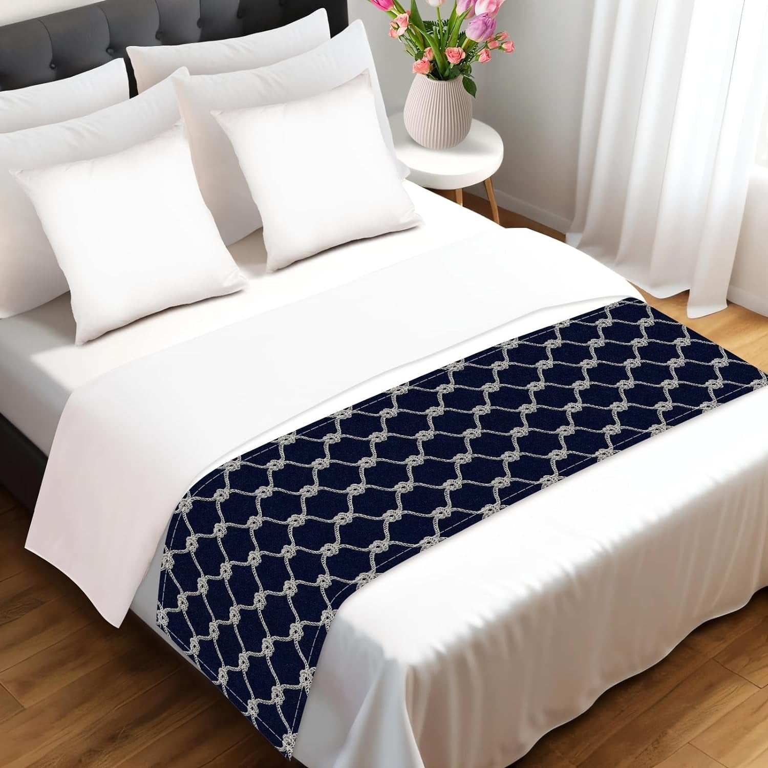 Rope Diamond Pattern Bed Runner, Navy Blue Modern Dustproof Decorative Bedding Runner Protection Bed Scarves for Hotel Home Guestrooms, 241X51Cm