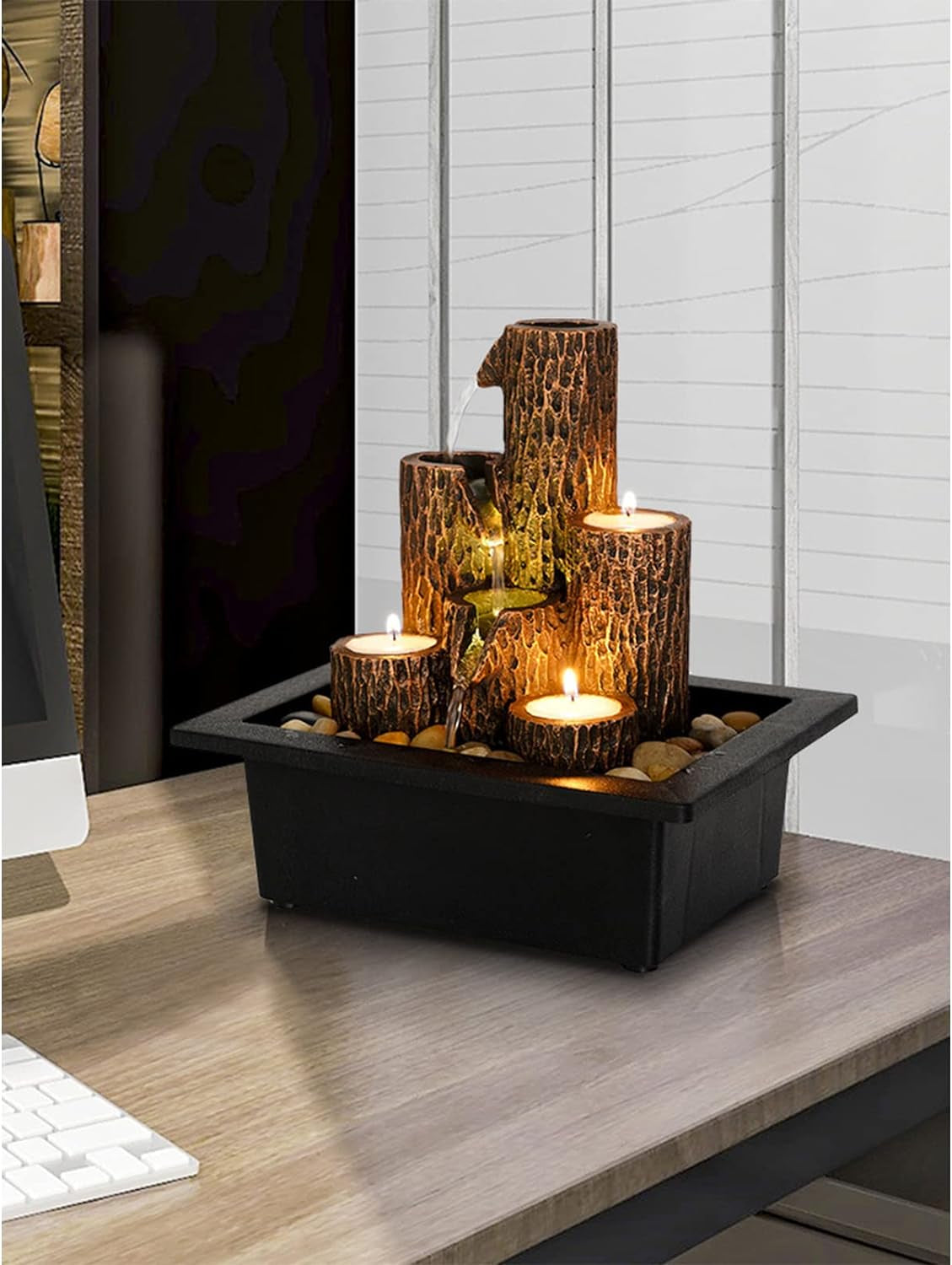 Tiered Column Tabletop Fountain with 3 Candlesticks, Mini Waterfall for Indoor Spaces, Relaxation Water Feature,Black,9 Inchl X 6.9 Inchw X 9.2 Inchh