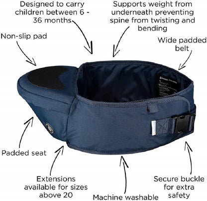 Hipseat Baby Carrier, Lightweight Back-Saving Support Waist Stool, Adjustable Strap, Can Carry 6-36 Months Child, Denim Blue