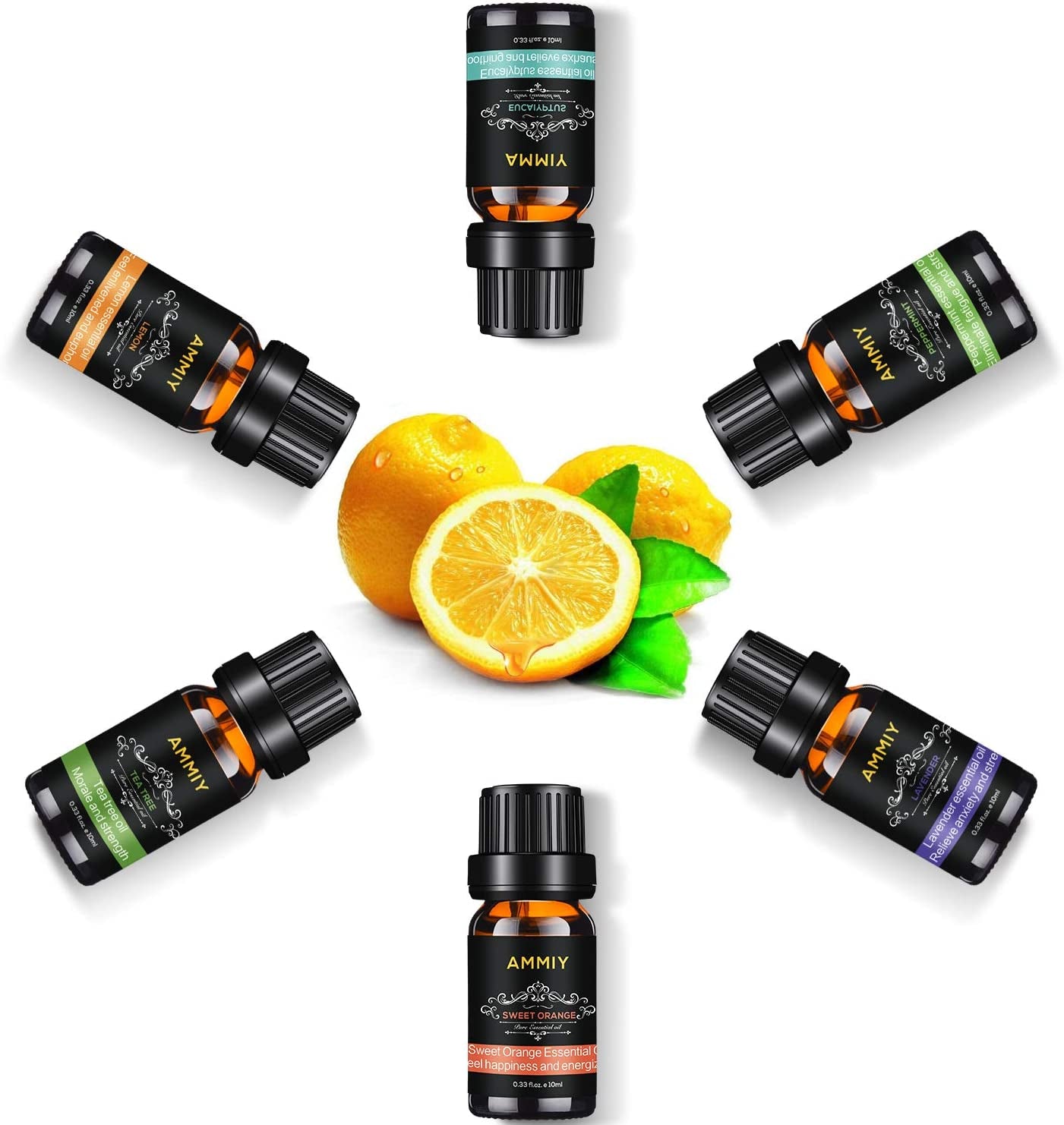 Essential Oils Set of 6 X 10Ml for Aromatherapy Bath Spa Diffuser Fragrance Relaxing Scent, Pure, Natural, Vegan Oils Including Eucalyptus, Lemon, Peppermint, Lavender, Sweet Orange, Tea Tree