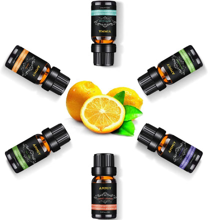 Essential Oils Set of 6 X 10Ml for Aromatherapy Bath Spa Diffuser Fragrance Relaxing Scent, Pure, Natural, Vegan Oils Including Eucalyptus, Lemon, Peppermint, Lavender, Sweet Orange, Tea Tree