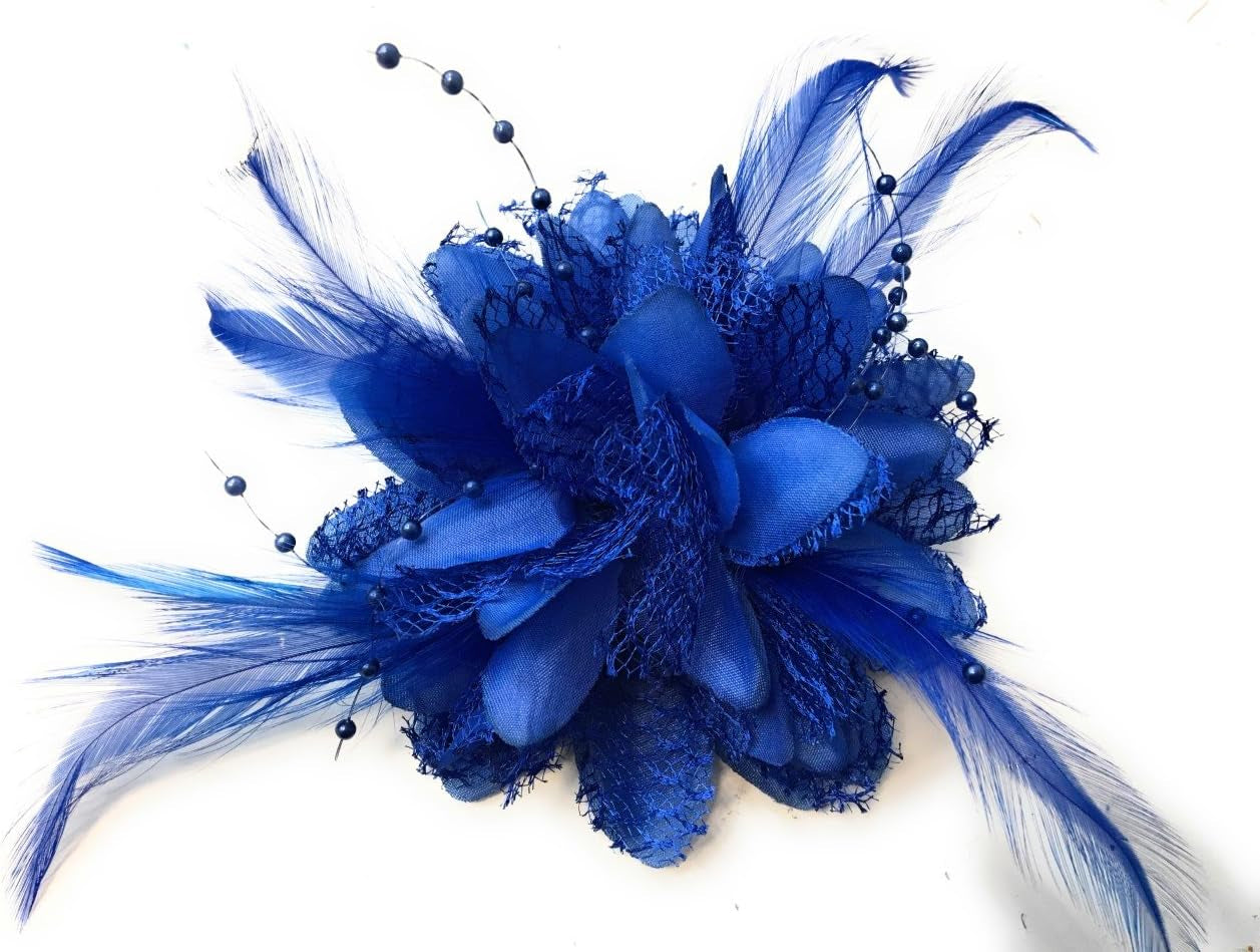 Flower Feather Bead Corsage Hair Clips Fascinator Hairband (Royal Blue) Cobalt