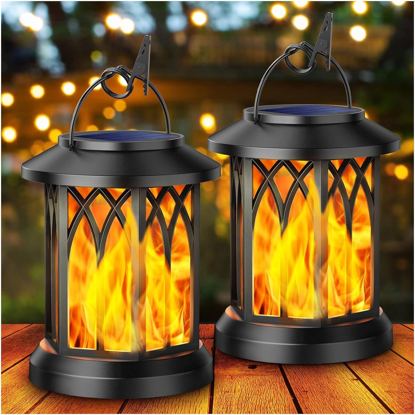 Solar Lights Outdoor Garden, 2 Pack Hanging Solar Garden Lanterns with Realistic Flickering Flame LED, Waterproof Flame Effect Solar Garden Ornaments for Decoration Garden Pathway Patio