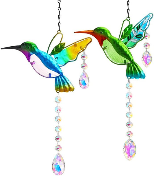 2PCS Hummingbird Suncatchers,Stained Glass Window Hanging Ornament,Rainbow Maker Crystal Prism Suncatcher Outdoor Indoor Home Garden Party Decoration