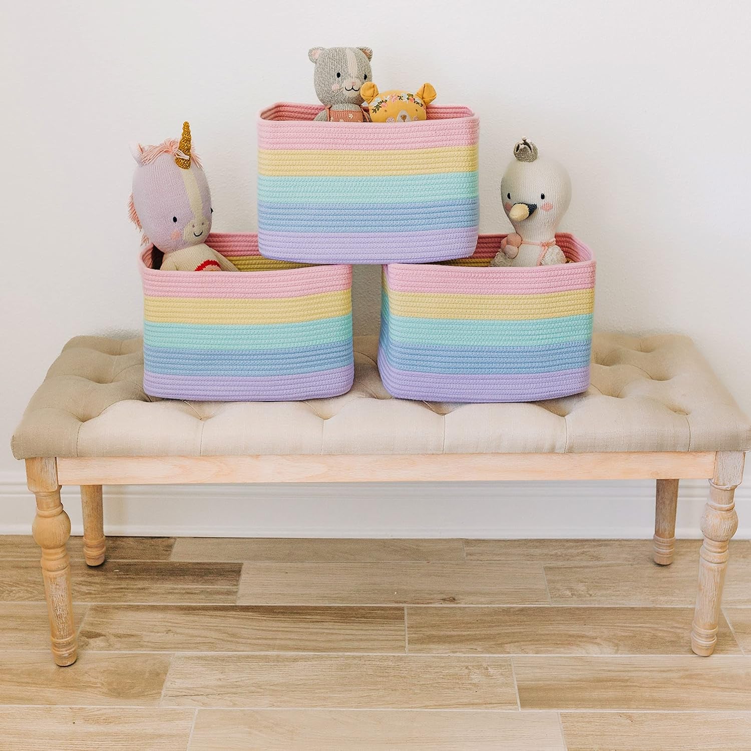 Set of 3 Toy Storage Baskets | Woven Nursery Storage Basket | Rainbow Blanket Basket | Cotton Rope Toilet Roll Basket | Woven Basket for Towel Storage | Bathroom Storage Baskets for Shelves