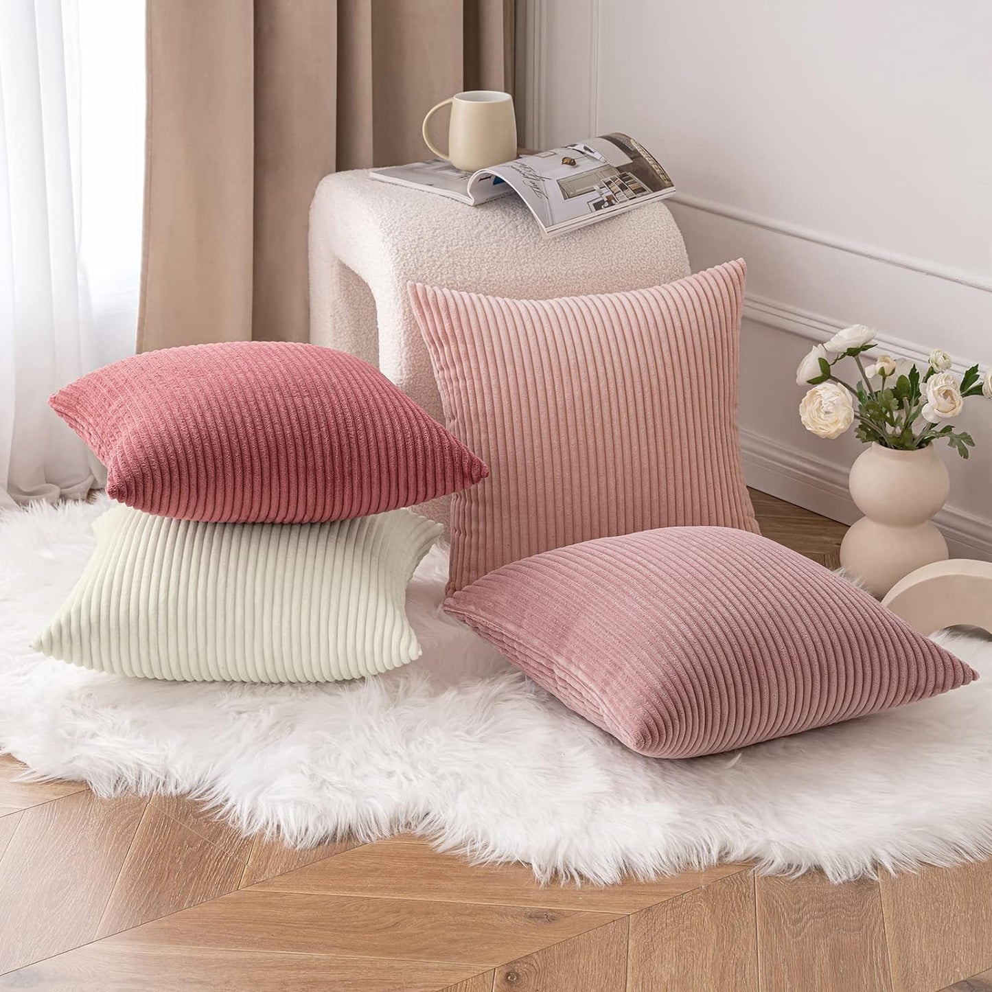 Corduroy Cushion Covers Soft Decorative Square Throw Pillow Covers for Spring Cushion Soft Pillowcase Striped Corduroy Cushion Covers Pack of Four for Home Decor Sofa 18X18 Inch Pink