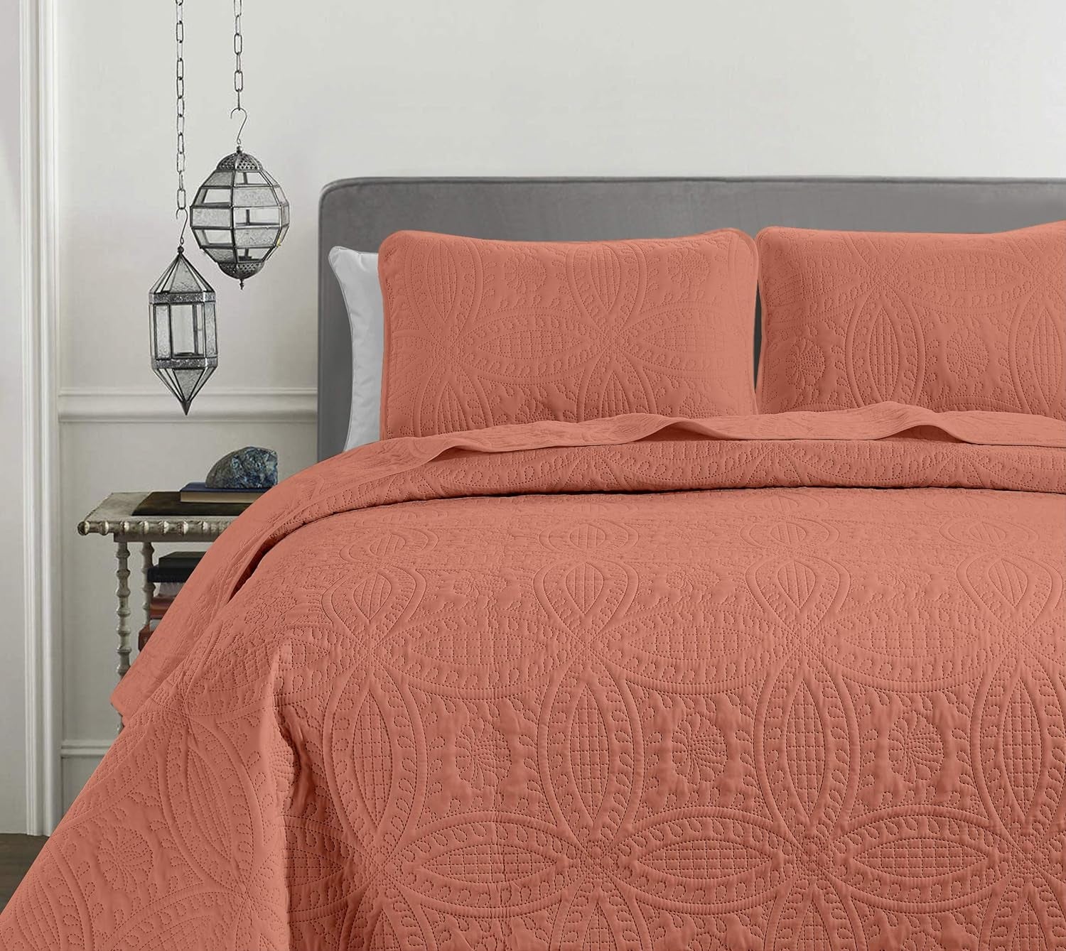 Austin 3-Piece Oversized Bedspread Coverlet Set (King, Salmon), Polyester