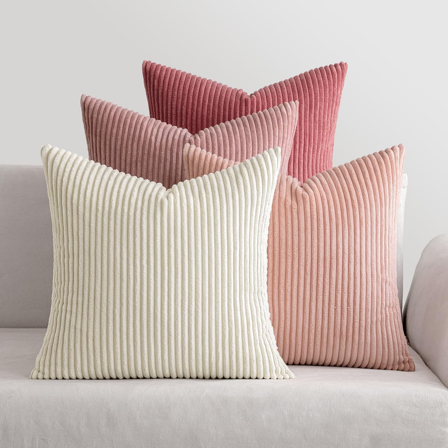 Corduroy Cushion Covers Soft Decorative Square Throw Pillow Covers for Spring Cushion Soft Pillowcase Striped Corduroy Cushion Covers Pack of Four for Home Decor Sofa 18X18 Inch Pink