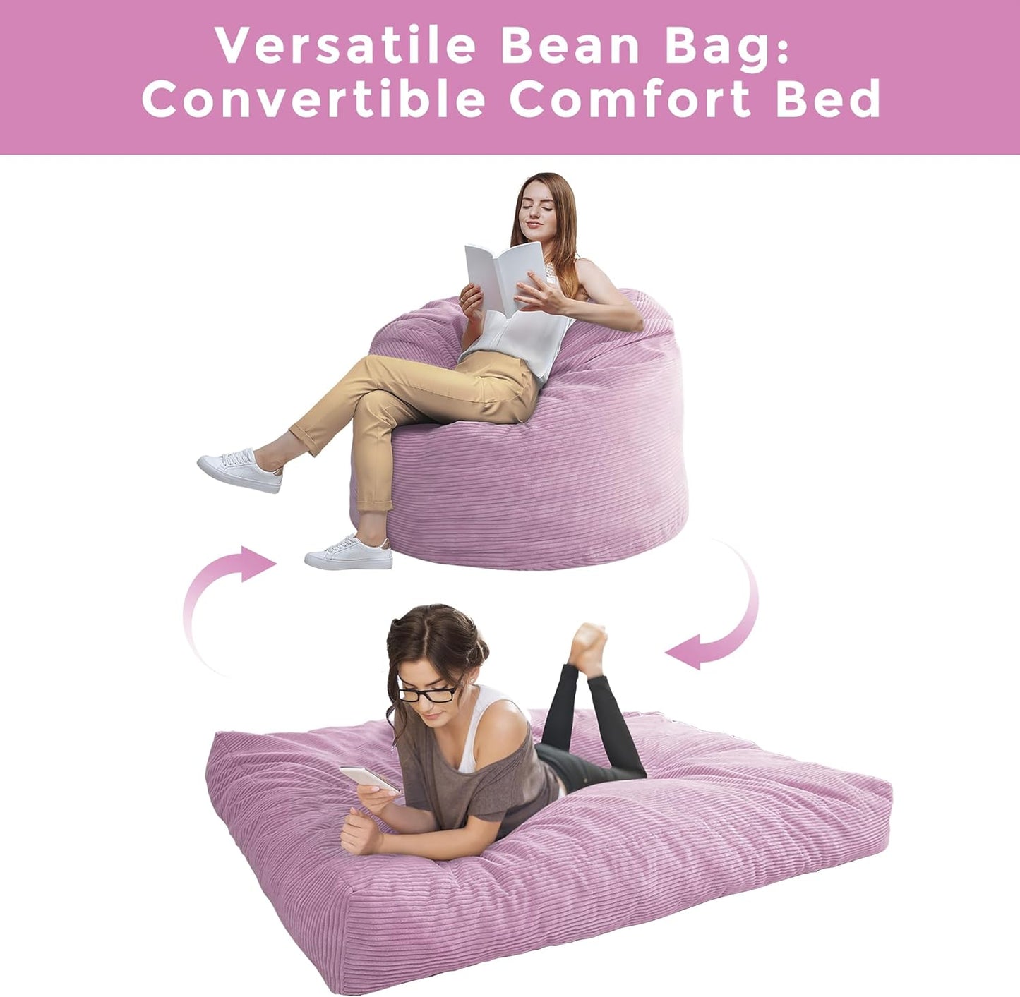 Bean Bag Bed - Convertible Folds from Bean Bag Chair to Bed - Large Sofa with Soft Cover and Fluffy Filling Included for Adult, Couples, Guest (Purple, King)