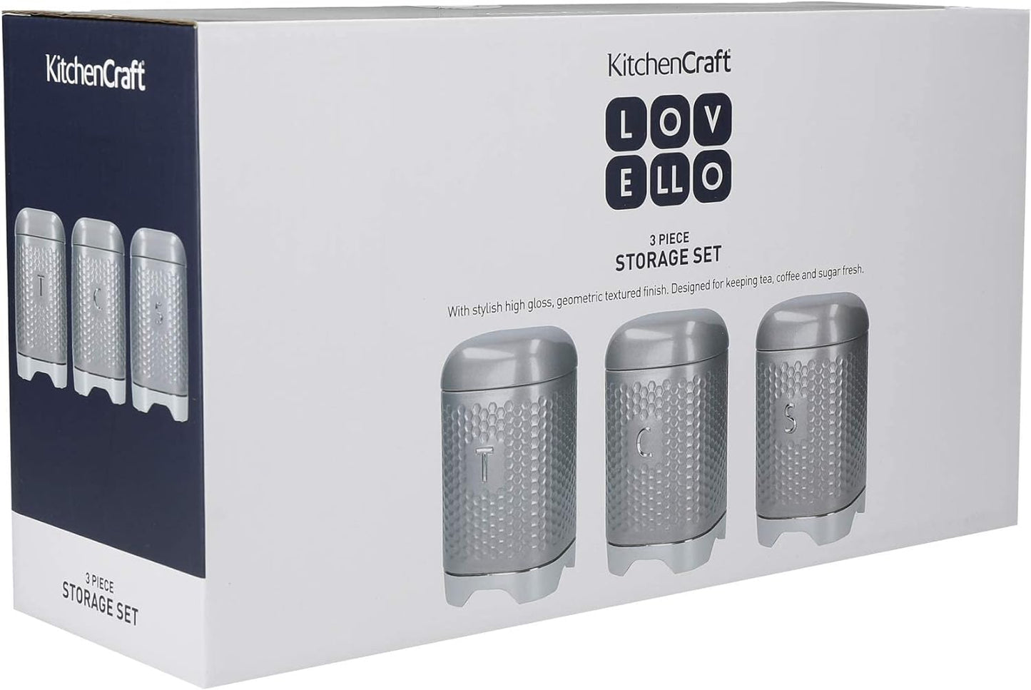 Kitchen Storage & Organisation, Coffee, Sugar, Tea, Textured 3 Canister Set, Gift Boxed, Shadow Grey