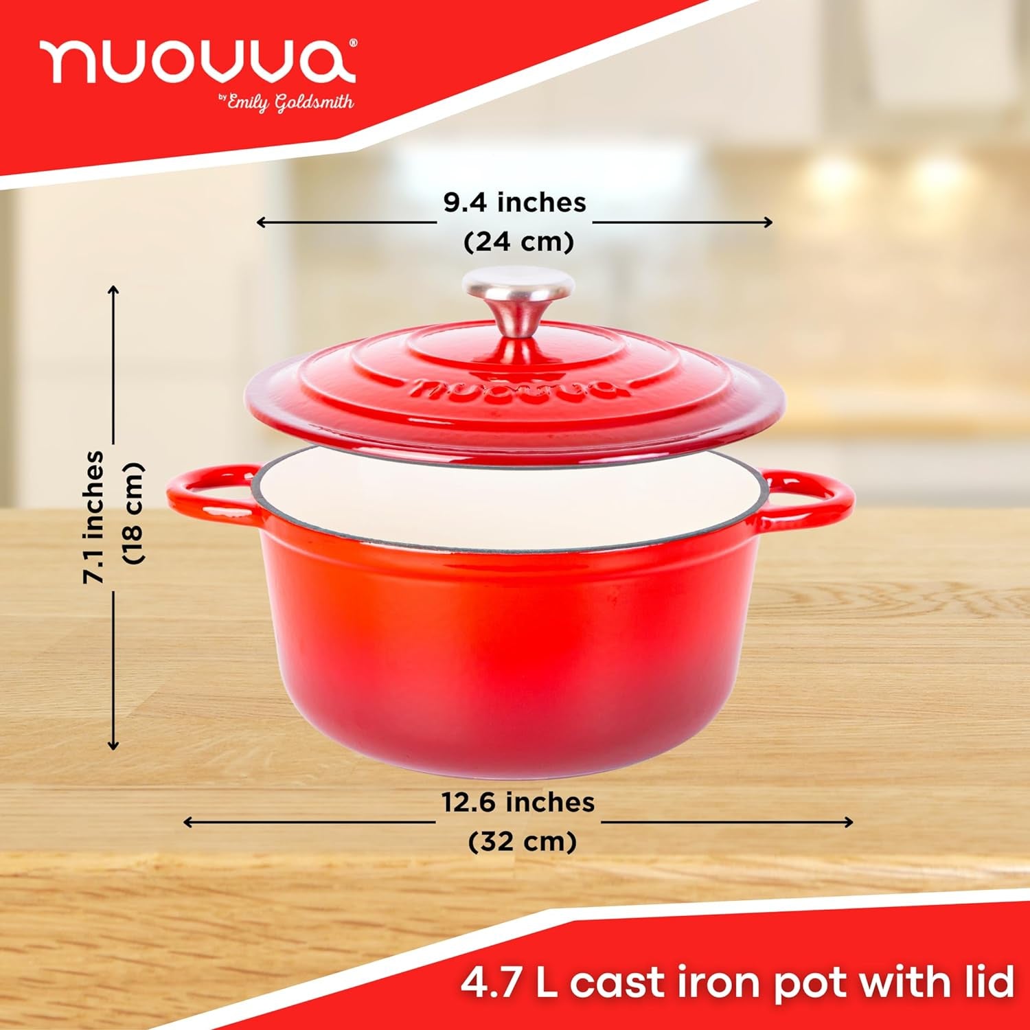 Cast Iron Pot with Lid – Non-Stick Ovenproof Enamelled Casserole Pot, Oven Safe up to 500° F – Sturdy Dutch Oven Cookware – Red, 5-Quart, 24Cm – by