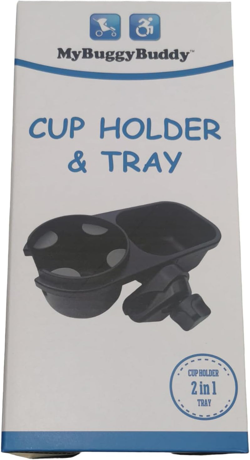 Cup Holder with Tray ; Ideal for Bottle, Keys, Snacks, Cell Phones ; Universal Fit with Any Pushchair, Pram, Buggy, Stroller, Rollator, Wheelchair, Walking Frame