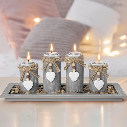 Candle Holder Set of 4 with Wodden Tray, Tealight Holders Candlestick Holder, Table Centerpiece Home Decor Living Room Bedroom Decoration Mum Birthday Gift Wedding Christmas Party Ornaments