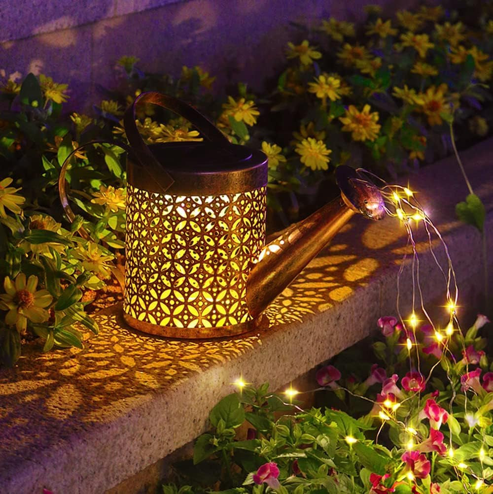 Solar Watering Can Light Garden Ornaments Lights LED Waterproof Solar Watering Can with Cascading Lights Gardening Lamps Garden Atmosphere Lighting Décor (Coins)