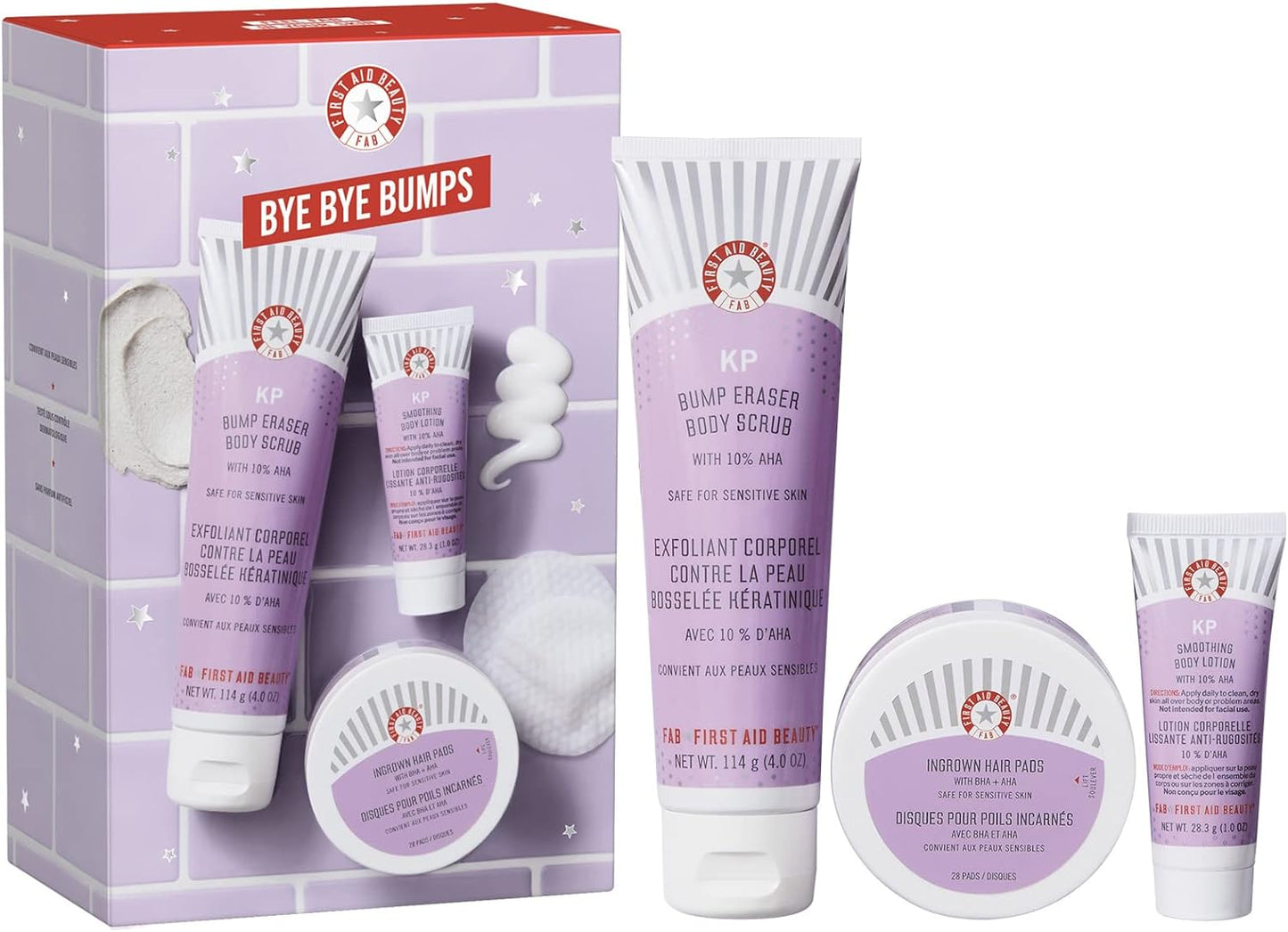 Bye Bye Bumps Kit – 3 Exfoliating Favourites – KP Bump Eraser Body Scrub with 10% AHA, 114 G, KP Smoothing Body Lotion, 28.3 G, Ingrown Hair Pads, 28 Count