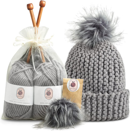 Knitting Kits for Beginners Adults – Practical and Easy to Use Hat Knitting Kit with Yarn, Bamboo Knitting Needles, Faux Pom Pom – Complete Beginners Knitting Kit – Lovely Present for Women and Men