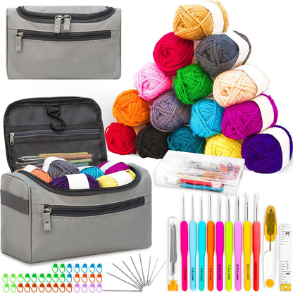 Crochet Kits for Beginners Adults, 87PCS Knitting Kit Accessories with Ergonomic Crochet Hooks Set, 15 Yarn Balls (25G) and Storage Bag - Knitting Starter Kit for Adults