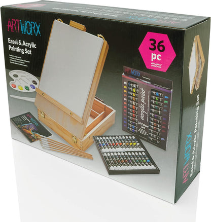 Painting Set for Adults - Box Easel - Portable Table Top Easel - Kit Includes 2 X Canvasses, 24 X Paints & 6 Brushes - Canvas Painting Set