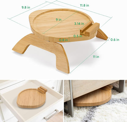 Bamboo Sofa Arm Tray Table with Rotating Mobile Holder, Stable Couch Armrest Tray, Clip-On Sofa Tray Table for Wide Couches, Foldable Couch Arm Clip Table for Eating and Drinking