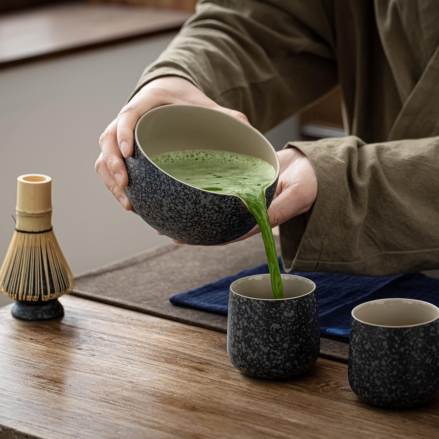 Matcha Set Matcha Whisk Matcha Bowl with Pouring Spout Scoop Matcha Whisk Holder Tea Making Kit. 1 Japanese Tea Set (7Pcs) + 2Cups(7.2Oz),S1,Charcoal Grey,Color Box Packing