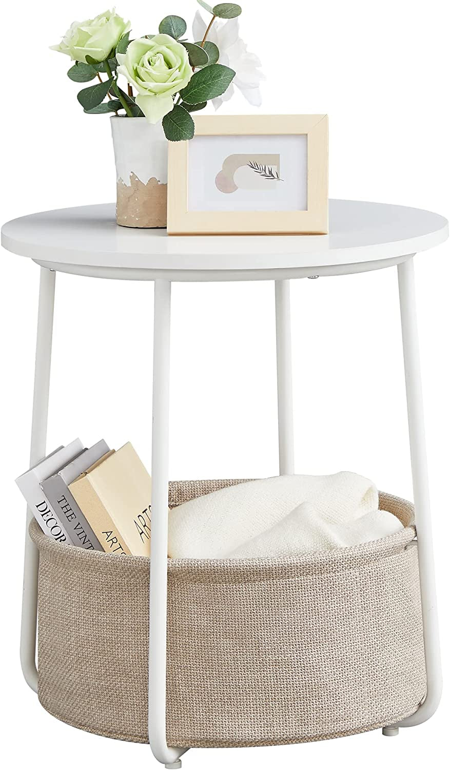 Side Table, round End Table with Fabric Basket, Spacious, for Living Room Bedroom, Bedside Table, Modern Style, White and Beige LET223W10