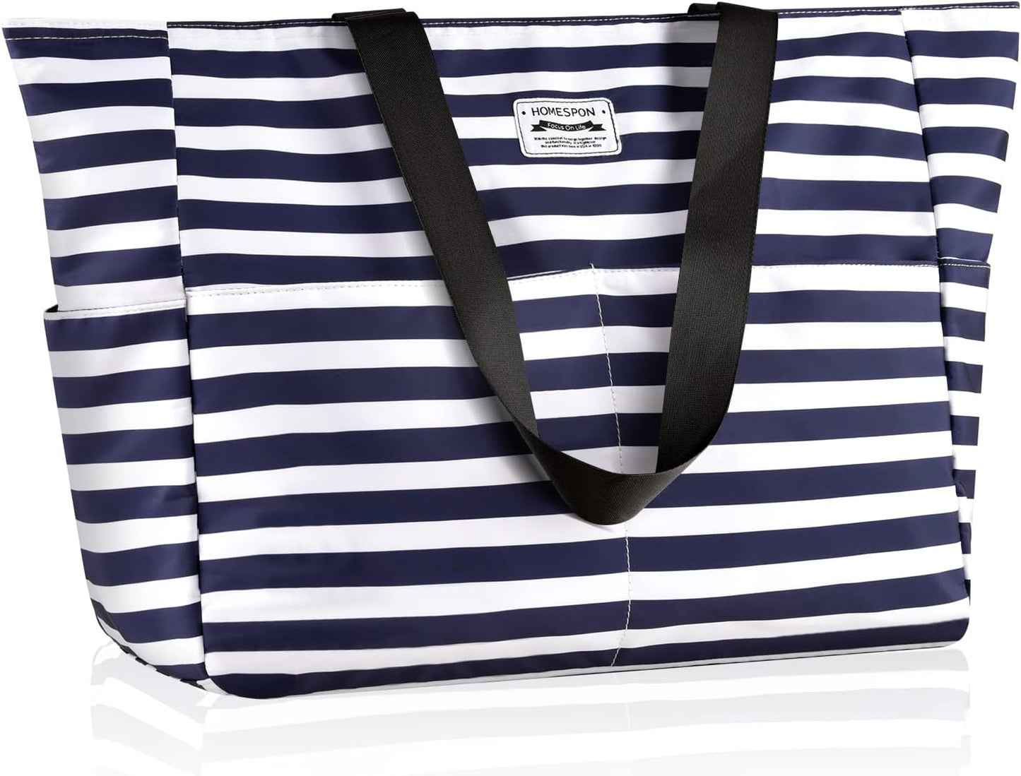 Large Waterproof Beach Tote Bag for Women with Zip and Pockets Foldable Handbag for Travel Pool Shopping Holiday Gym(Blue Stripes)