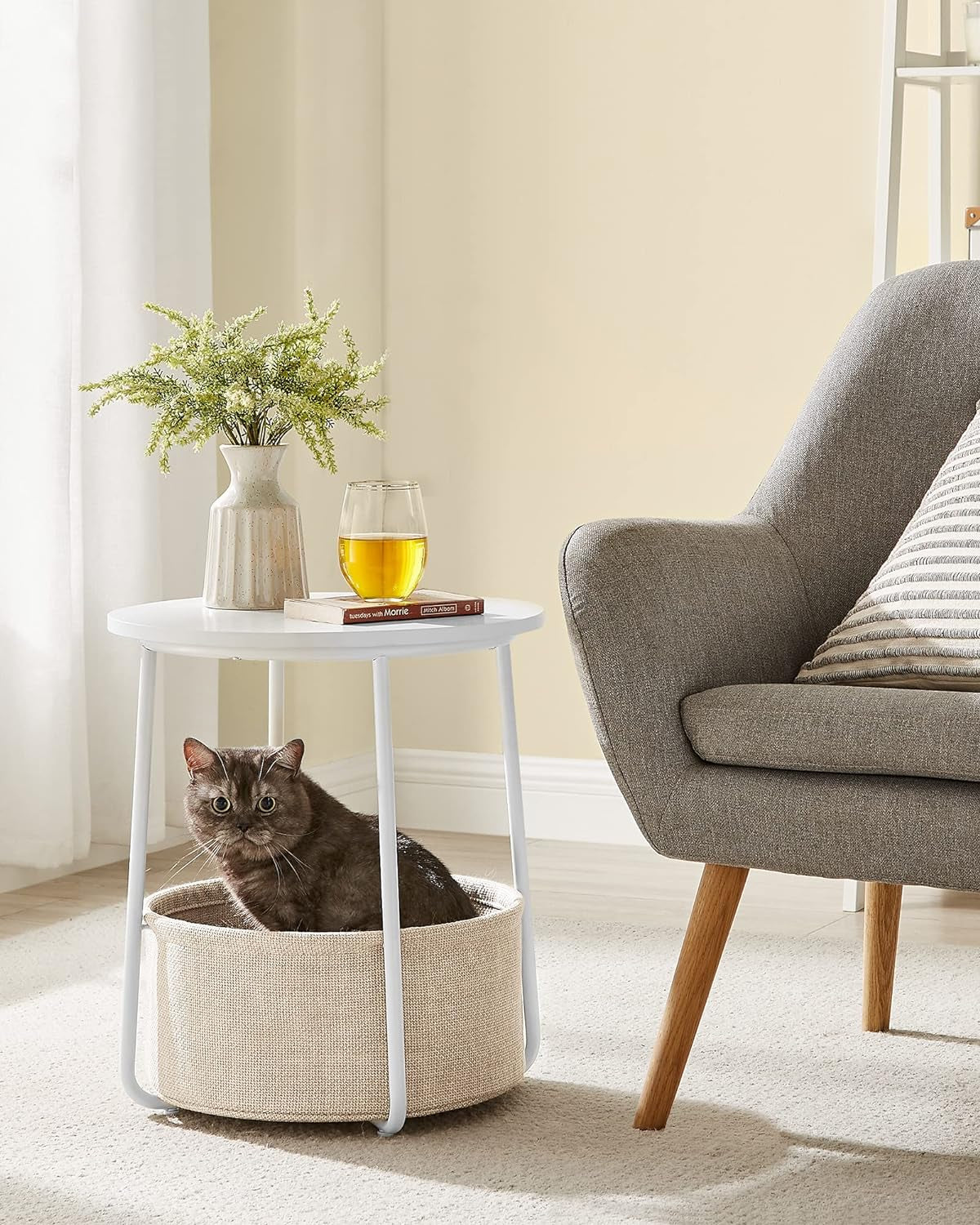 Side Table, round End Table with Fabric Basket, Spacious, for Living Room Bedroom, Bedside Table, Modern Style, White and Beige LET223W10