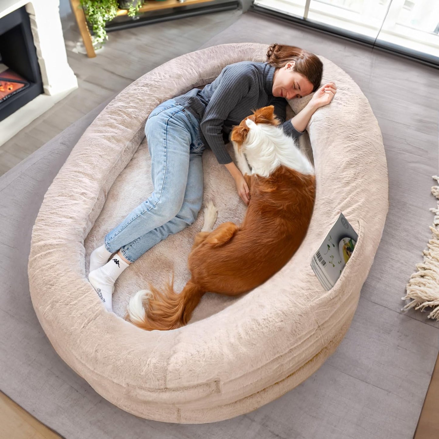 Human Dog Bed for Adults & Furry Friends | Warm & Comfortable Human Sized Dog Bed | Bean Bag Dog Bed | Giant Dog Bed for Humans & Pets | Human Size Dog Bed for Adults | Beige | Detachable Cover