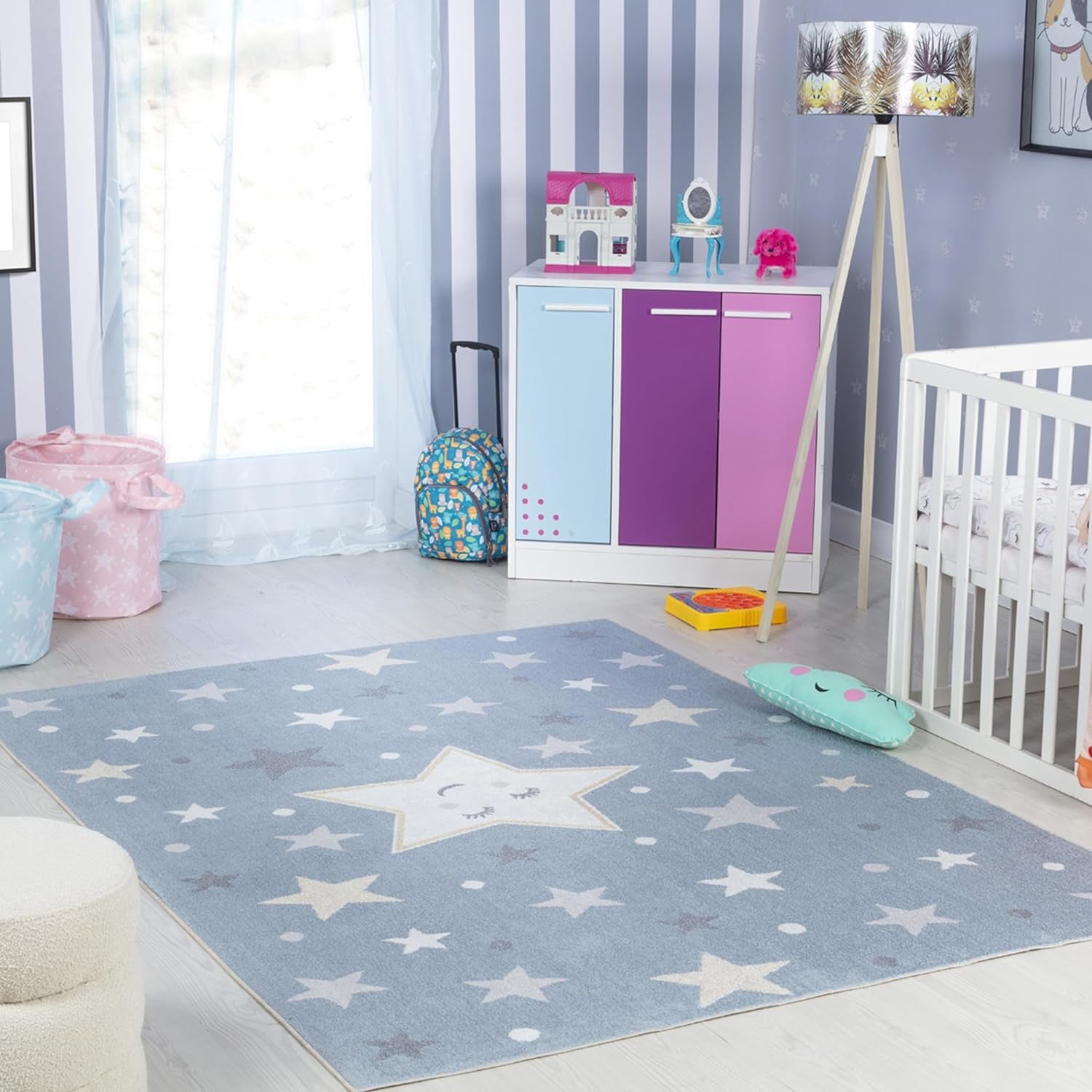 Star Kids Rug - Stars and Nighttime Design Childrens Rugs for Bedroom, Nursery or Playroom - Baby Bedroom Accessories for Boys & Girls, Blue and Grey, 120X170Cm