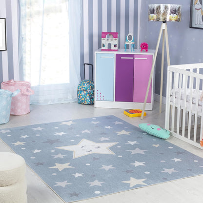 Star Kids Rug - Stars and Nighttime Design Childrens Rugs for Bedroom, Nursery or Playroom - Baby Bedroom Accessories for Boys & Girls, Blue and Grey, 120X170Cm