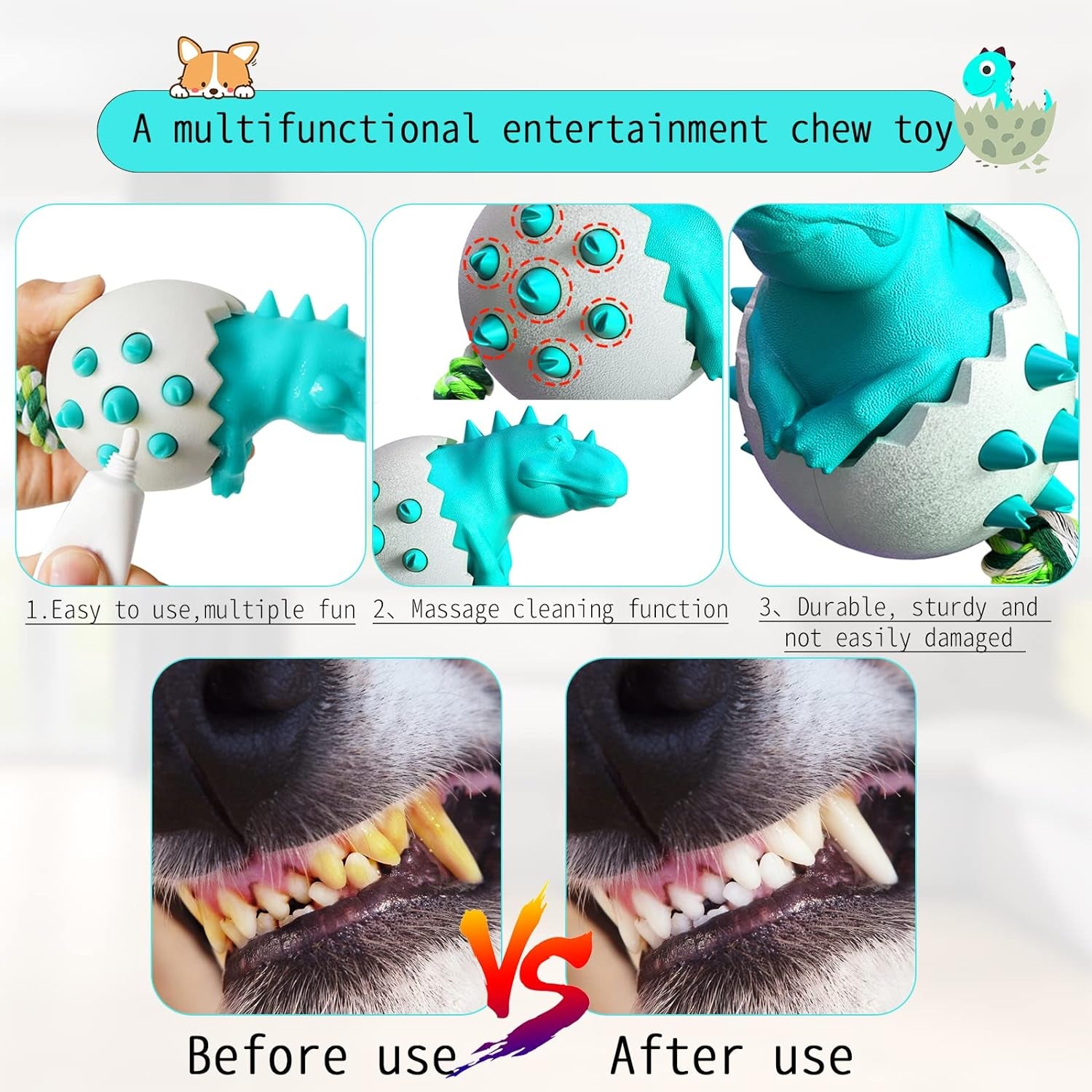 Dog Chew Toys Indestructible Tough Interactive Toy for Aggressive Chewers Puppy Teething Toys for Small Medium Dogs Durable Teething Toy (Blue2, Dinosaur Eggs)