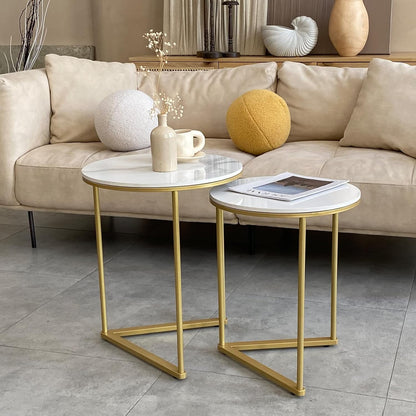 Marble Top Side Table Gold: 2 Nesting Small Sofa End Tables round Bedside Nest Sets High Gloss Sintered Stone Marble Tabletop with Golden Metal Legs Nested Accent Tables for Living Room Offices