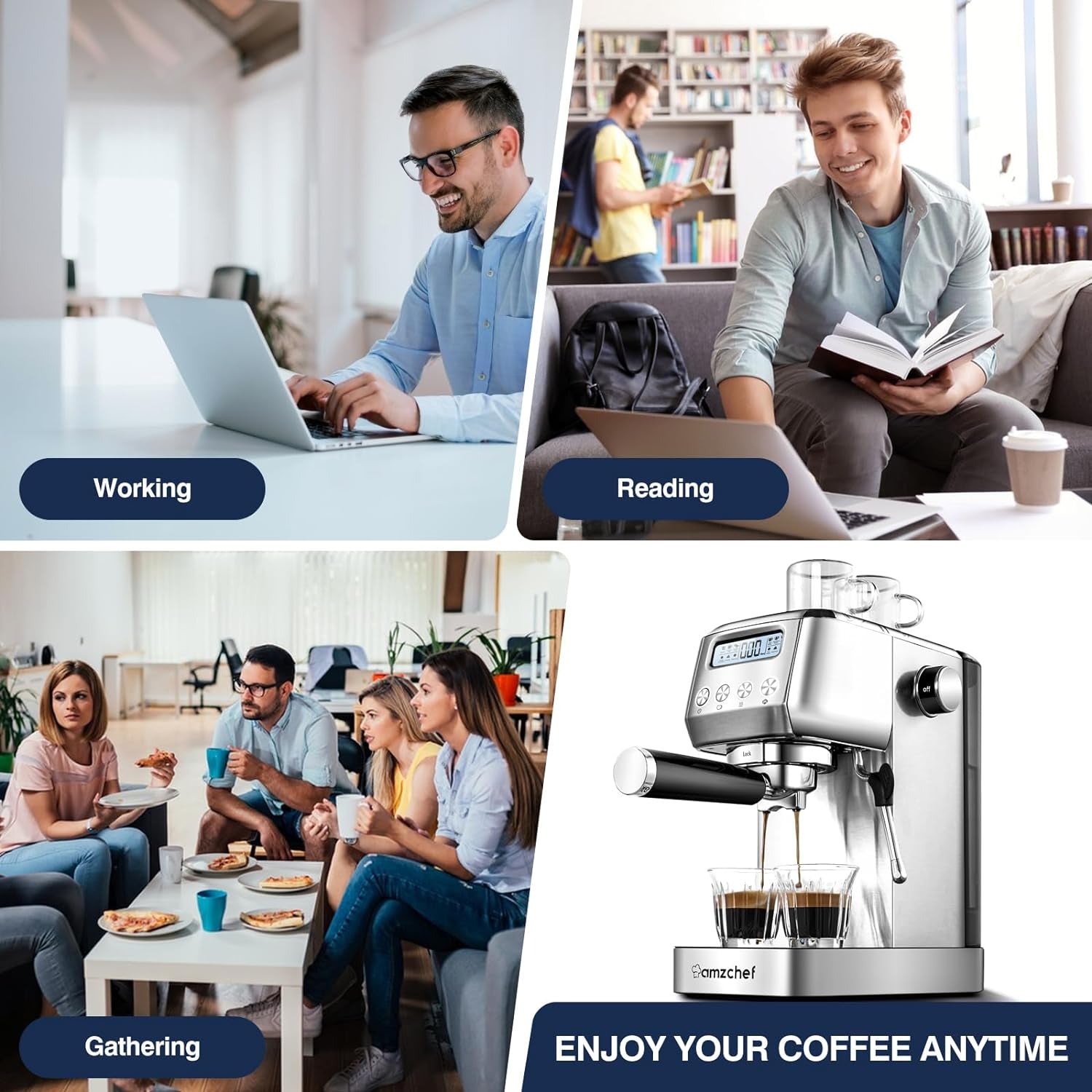 20 Bar Espresso Coffee Machines with LCD Panel and Steam Milk Frother, Compact Cappuccino and Latte Machine, All in One Coffee Machine for Home Use with 1.3L Removable Water Tank, 2 Filters