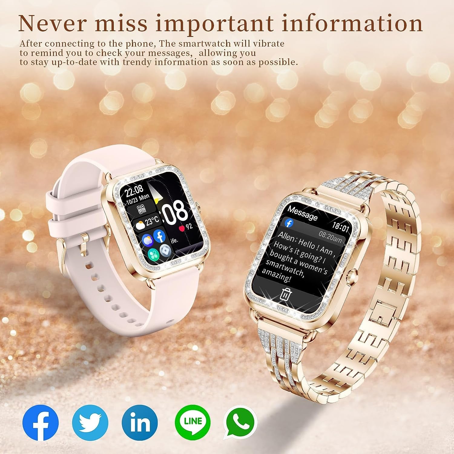 Smart Watches for Women Diamond,1.29"Amoledtouch Screen Ladies Waterproof Smart Watch with Heart Rate/Blood Pressure/Sleep Monitor,19 Sport Modes Womens Smart Watches for Android IOS