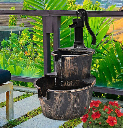 Electric Outdoor Wooden Effect Plastic 2 Tier Barrel Waterfall Fountain Cascading Water Fountain Pump Patio Deck Feature Ornament