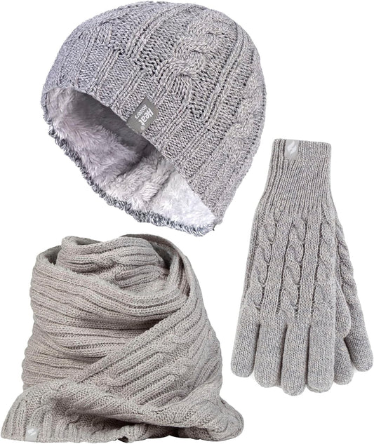 Ladies Knitted Hat Scarf & Gloves Set Womens Fleece Lined Thermal Cold Weather Set for Winter