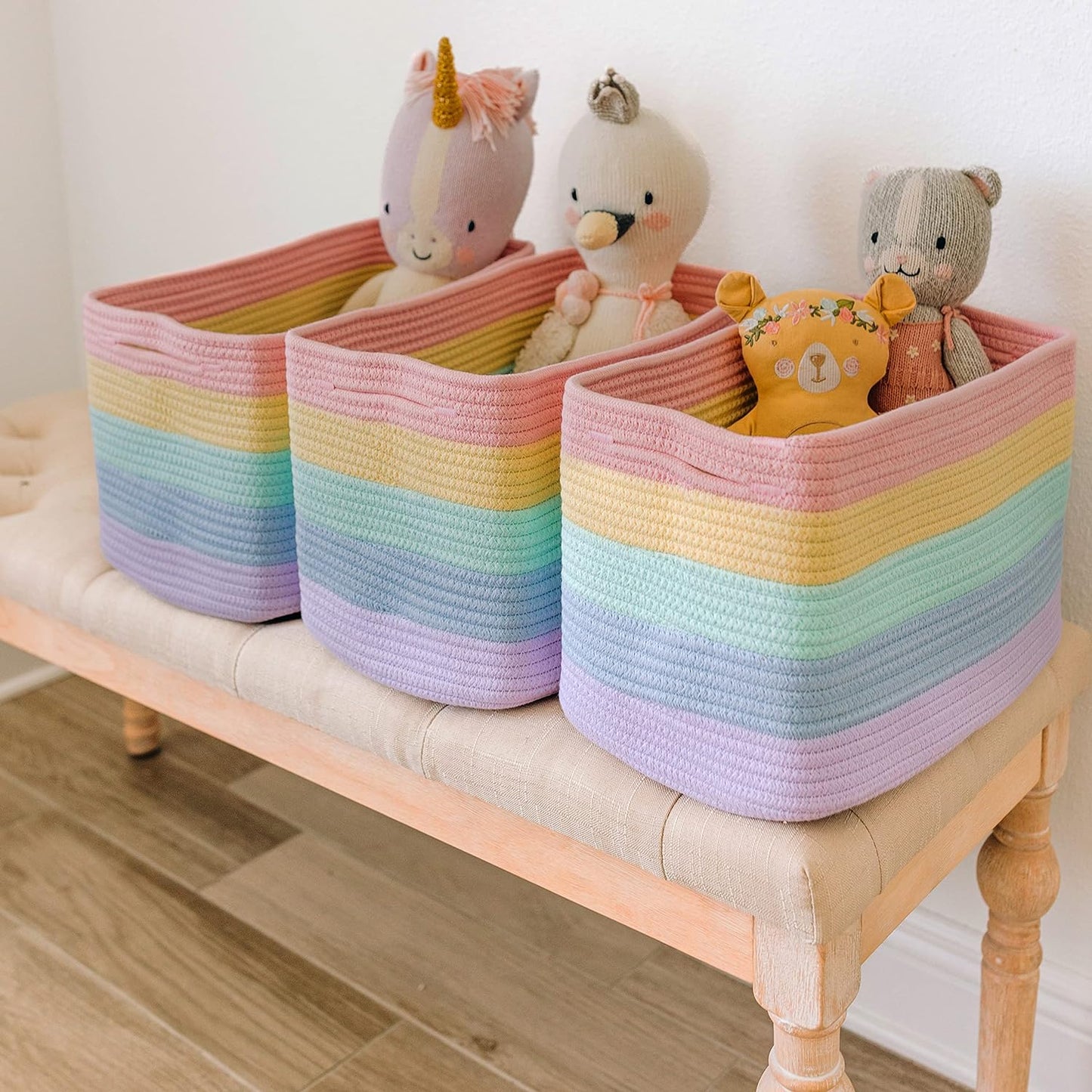 Set of 3 Toy Storage Baskets | Woven Nursery Storage Basket | Rainbow Blanket Basket | Cotton Rope Toilet Roll Basket | Woven Basket for Towel Storage | Bathroom Storage Baskets for Shelves