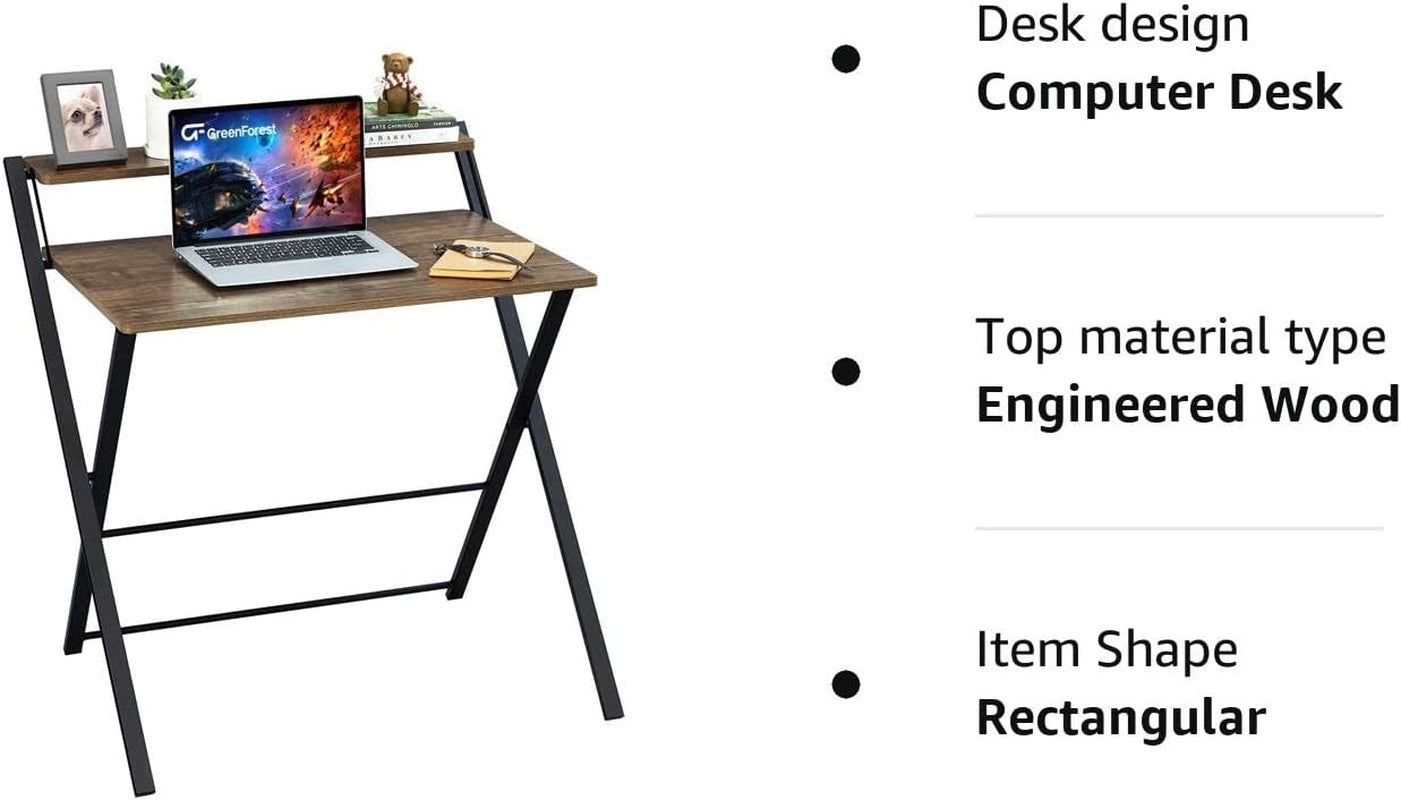 Folding Desk No Assembly Required Small Size,Computer Desk with 2-Tier Shelf Laptop Foldable Table for Small Spaces, Brown