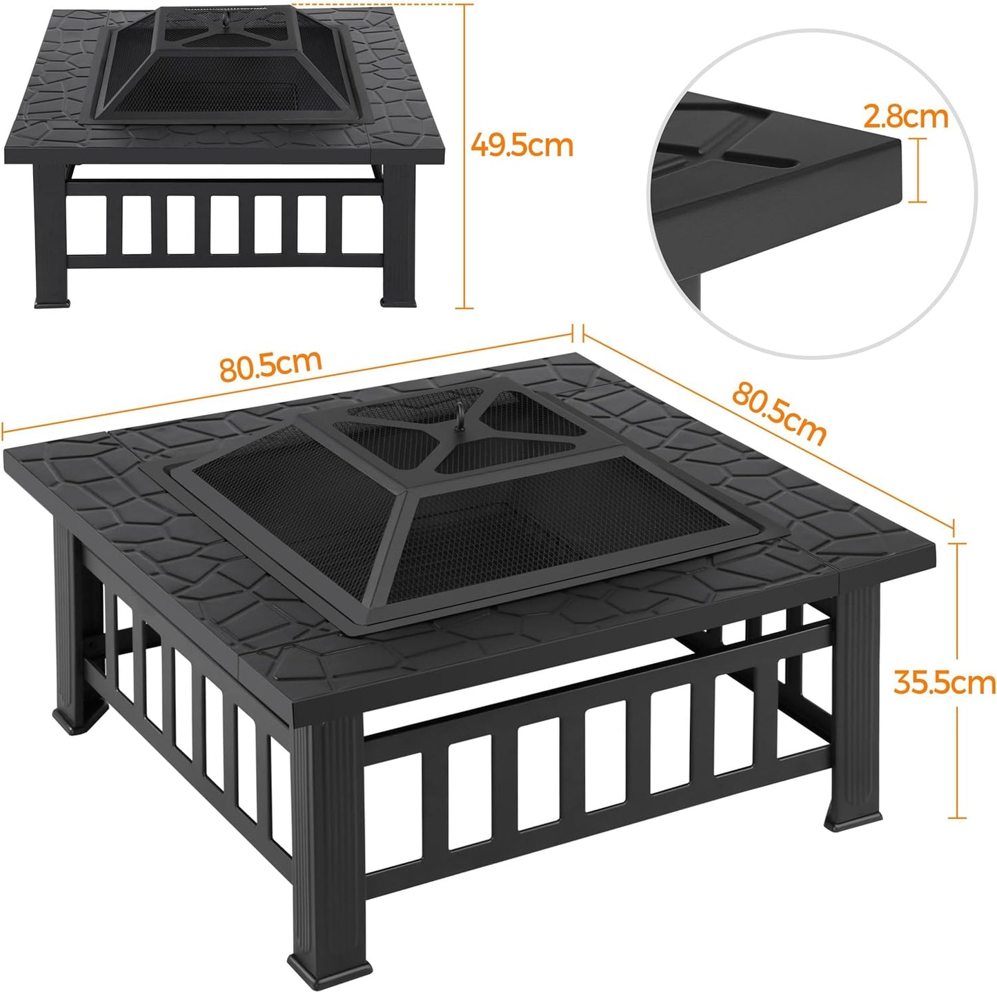 3 in 1 Fire Pits for Garden Outdoor Patio Heater Metal Square Fire Pit/Ice Pit Garden Accessories with Log Poker, Mesh Screen Lid and Waterproof Cover 81.2X81.2X50Cm (With Lid)