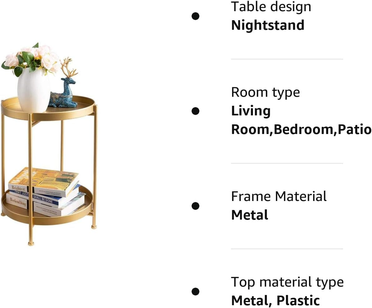 round Side Table Gold End Table, 2-Tier Metal Tray Snack Table Coffee Table Tea Table Nightstand Sofa Table for Living Room Bedroom Balcony Patio