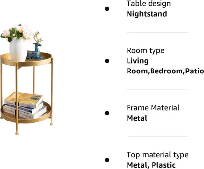 round Side Table Gold End Table, 2-Tier Metal Tray Snack Table Coffee Table Tea Table Nightstand Sofa Table for Living Room Bedroom Balcony Patio