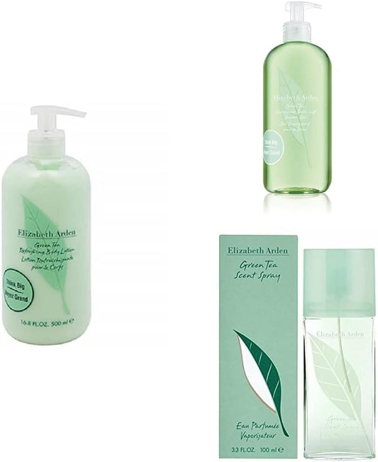 Green Tea Trio | Mega Body Lotion, Green Tea, 500 Millilitre | Bath and Shower Gel, 500 Ml | Scent Spray- Eau Parfumee -Vaporisateur- 100 Ml