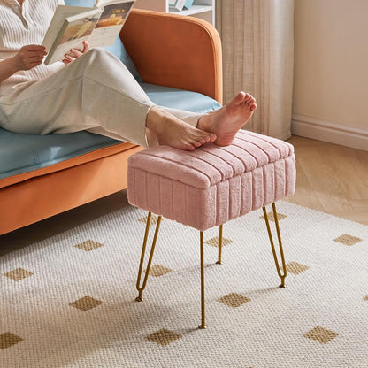 Stool Chair with Storage Space, Footrest Footstool Ottoman, Small Side Table, with 4 Metal Legs, with Anti-Slip Feet, for Makeup Room, Bedroom, Faux Fur, Pink L/G-50P