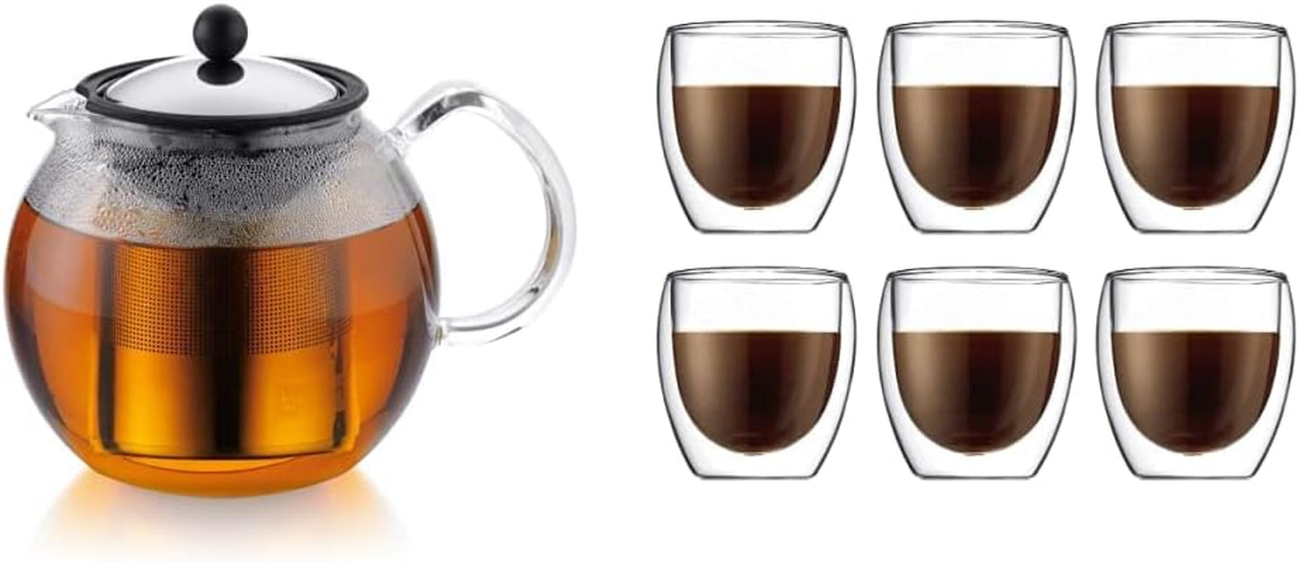 Assam Tea Press, Permanent Filter, Glass Handle, 1.5 L/51 Oz) - Shiny, Stainless Steel & PAVINA Double Walled Thermo Glasses 0.25 L, 8 Oz, Pack of 6