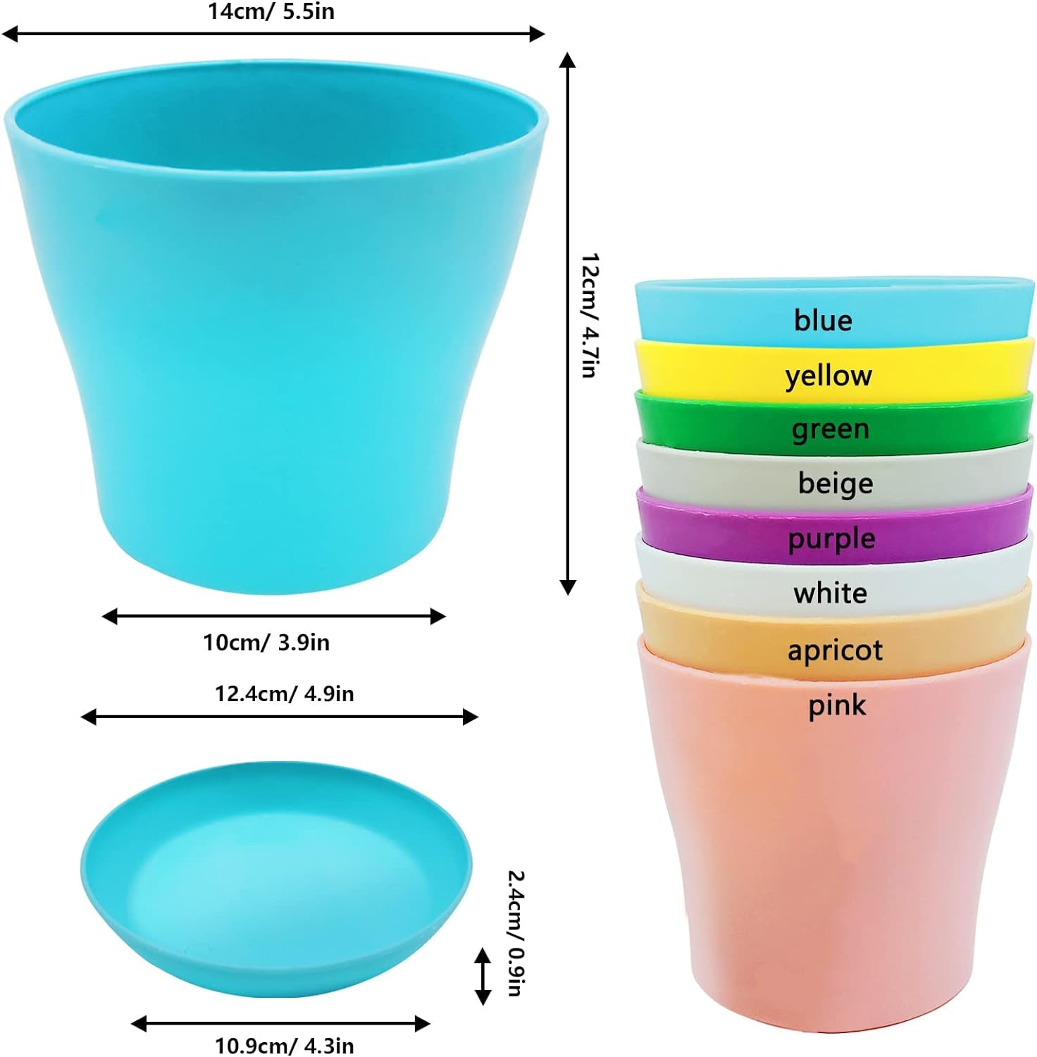 8Pcs 14Cm Plant Flower Pots Colorful Plastic Plant Pots Indoor Flower Pots Plant Container Planters with Trays for Office House Succulent Fruit Vegetable Seedlings Transplanting, 8 Colors