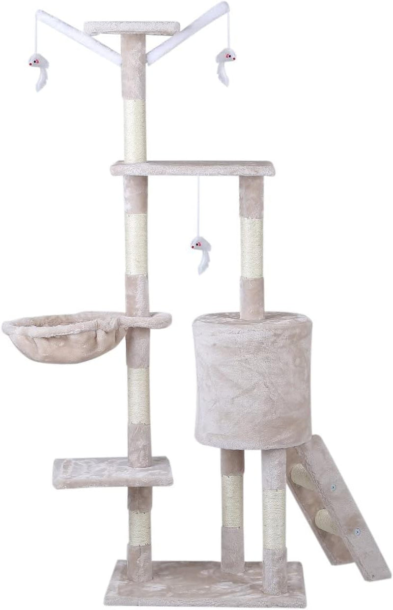 Cat Scratching Post 143 Cm Cat Tree Multi-Level Stable Cat Tower Cat Scratching Post with Bed,Cat Bed Cat Climbing Frame with Ladder,Pet Activity Furniture Play House for Indoor Cats,Beige