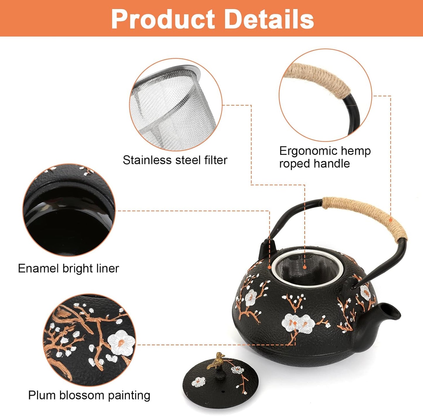 Cast Iron Teapot, 1200Ml Japanese Tetsubin Tea Kettle with Infuser, Glossy Enamel Inside, Plum Flower Teapot Set with Tea Cups, Teapot Holder, Home Health Iron Pot for Stovetop