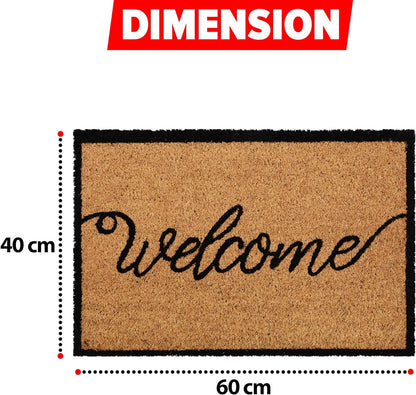 Coir Door Mats Outdoor Indoor | Front Door Heavy Duty Doormat Thick Non Slip High Absorbency | Large 100% Natural Coir Dirt Trapper | Entrance Matting (Welcome Cursive)